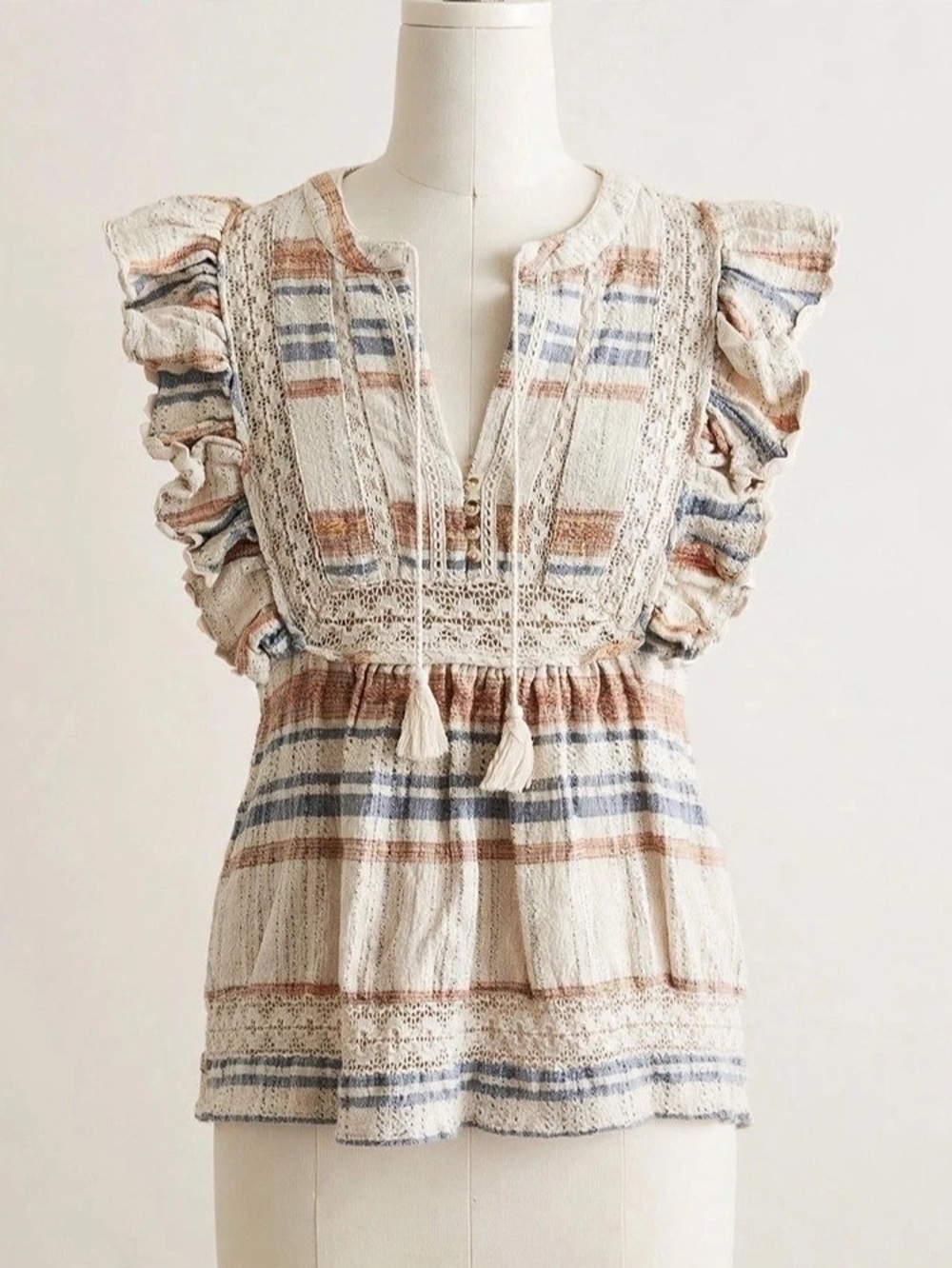 maije Striped Boho Ruffle Sleeve Blouse in Cream & Blue Size Small